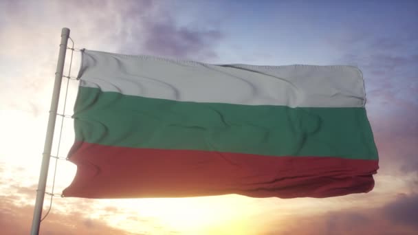 Bandera de Bulgaria ondeando en el viento, el cielo y el sol — Vídeo de stock