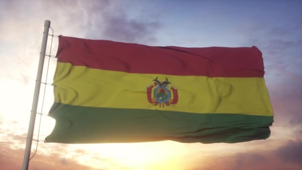 Σημαία της Βολιβίας κυματίζει στον άνεμο, τον ουρανό και τον ήλιο — Αρχείο Βίντεο