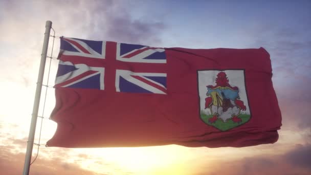 Bermuda bayrağı rüzgarda, gökyüzünde ve arka planda dalgalanıyor — Stok video