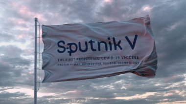 Üzerinde Sputnik V aşı logosu olan bayrak rüzgarda sallanıyor. Sputnik V, Rus COVID-19 aşısıdır. 3d oluşturma.