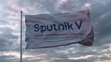 Flag with the Sputnik V vaccine logo waving in the wind. Sputnik V is the Russian COVID-19 vaccine. 3d rendering. clipart
