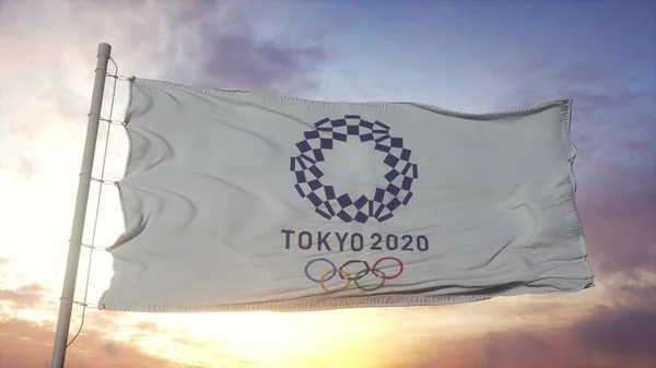 Vlajka Olympijských Her Tokiu 2020 Vlaje Větru Vykreslování — Stock fotografie