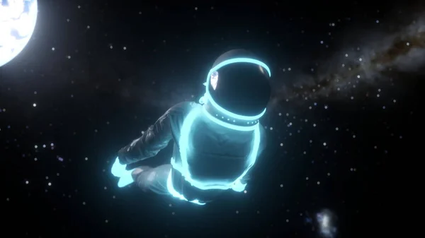 Űrhajós Neonfényekkel Sötét Űrben Synthwave Stílusban Renderelés — Stock Fotó