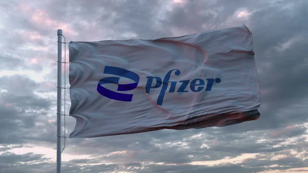 Bílá Vlajka Novým Logem Pfizer Vlnícím Větru Pfizer Americká Farmaceutická — Stock fotografie