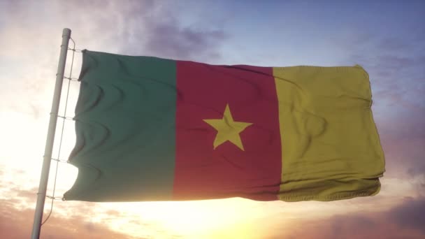 Vlajka Kamerunu vlnící se ve větru, obloze a slunečním pozadí — Stock video