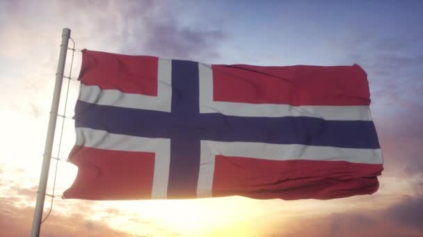 Vlajka Bouvetova ostrova vlnící se ve větru, obloze a slunečním pozadí — Stock video
