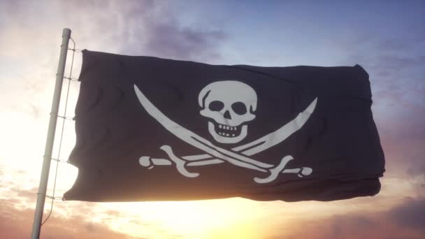 Gerçekçi Korsan bayrağı rüzgarda, gökyüzünde ve güneş arka planında dalgalanıyor — Stok video