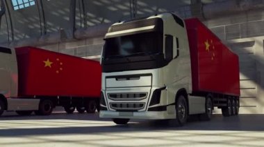 Çin bayrağı taşıyan yük kamyonları. Çin 'den gelen kamyonlar depo rıhtımında yükleme veya boşaltma yapıyor.