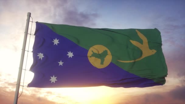 Bandera de la Isla de Navidad ondeando en el viento, el cielo y el sol de fondo — Vídeos de Stock