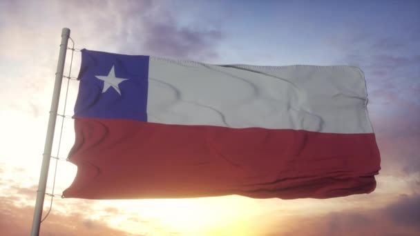 Bandiera del Cile sventola nel vento, cielo e sfondo del sole — Video Stock