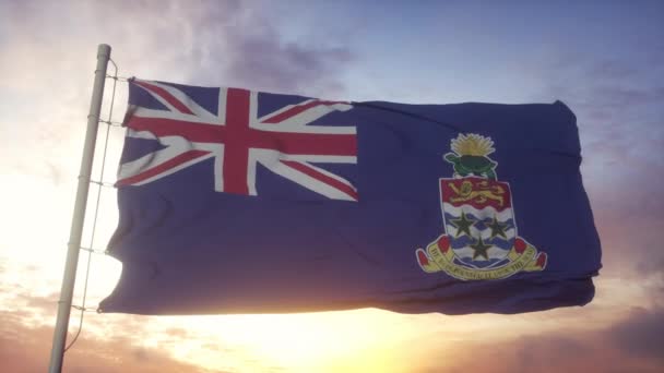 Flagge der Kaimaninseln weht im Wind, Himmel und Sonnenhintergrund — Stockvideo