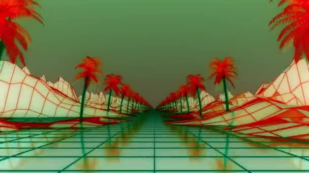 Camera moves along syntwave wireframe net. Palm trees around the road. Retrowave landscape — Stock Video