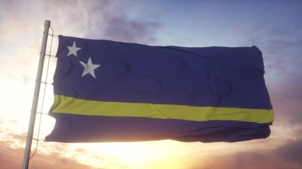 Vlajka Curacaa vlnící se ve větru, obloze a slunečním pozadí — Stock video