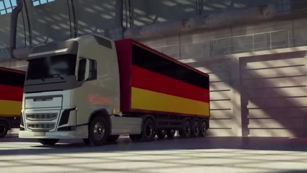 Alman bayrağı taşıyan yük kamyonları. Almanya 'dan gelen kamyonlar depo rıhtımında yükleme veya boşaltma yapıyor — Stok video