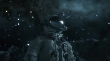 Yabancı yıldızların altındaki bilinmeyen bir kar gezegenindeki astronot. Fantezi, fütüristik ya da uzay yolculuğu için animasyon