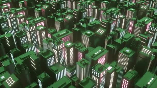 Grande cidade neon com arranha-céus. Câmera se move através da cidade abstrata synthwave — Vídeo de Stock