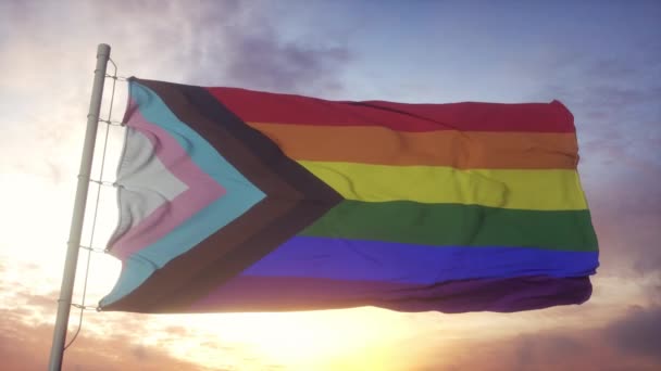 Progress LGBT flag waving in the wind, sky and sun background. LGBT Rainbow Flag with inclusion and progression colours — Stock Video