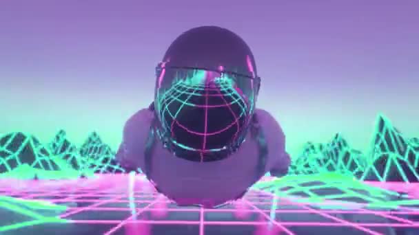 Astronauta rodeado por luzes de néon intermitentes. Conceito de música e discoteca. Estilo Retrowave — Vídeo de Stock