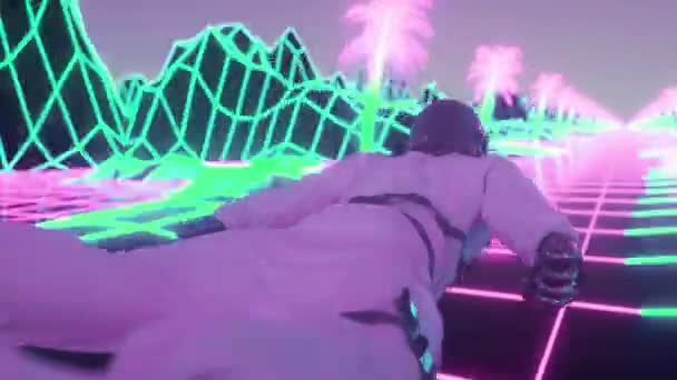 Astronaut omringd door knipperende neonlichten. Muziek en nachtclub concept. Retrowave stijl — Stockvideo