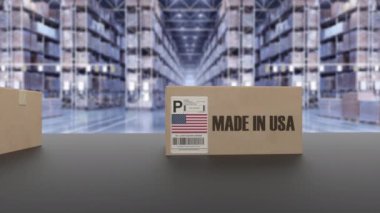 ABD 'de üretilmiş konveyör üzerine metin içeren kutular. Amerikan malları ile ilgili döngü 3 boyutlu animasyon