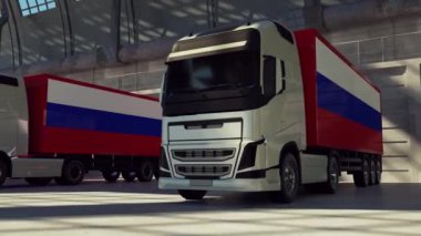 Rusya Federasyonu bayrağı taşıyan yük kamyonları. Rusya 'dan gelen kamyonlar depoya yükleme veya boşaltma yapıyor.