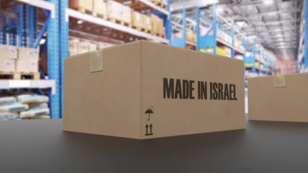 Dozen met MADE IN ISRAEL tekst op transportband. Israëlische goederen gerelateerde loopable 3D animatie — Stockvideo
