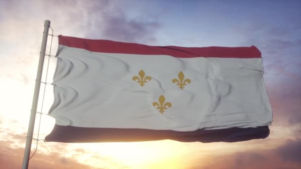 Bandera de Nueva Orleans, ciudad de Estados Unidos de América ondeando con el viento, el cielo y el sol de fondo — Vídeos de Stock