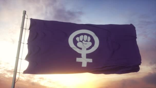 Feministisk stolthet flagga viftande i vinden, himlen och solen bakgrund — Stockvideo