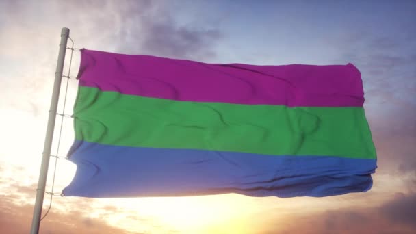 Полисексуальность гордость флаг размахивая на ветру, небе и солнце фоне — стоковое видео