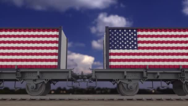 Comboios e contentores com a bandeira dos EUA. Transporte ferroviário. loop sem costura 4K — Vídeo de Stock