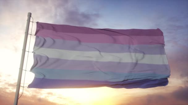 Bigender Stolz Flagge weht im Wind, Himmel und Sonne Hintergrund — Stockvideo