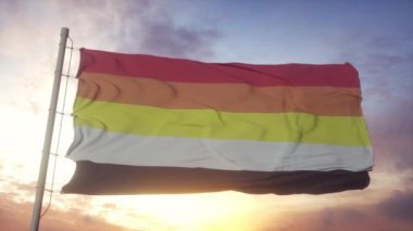 Rüzgarda, gökyüzünde ve güneş arka planında dalgalanan litseksüel gurur bayrağı