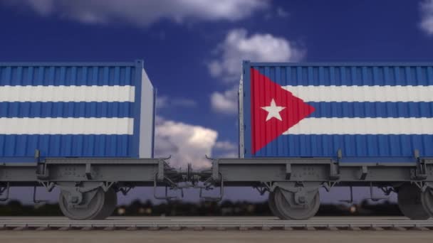 Comboios e contentores com a bandeira de Cuba. Transporte ferroviário. loop sem costura 4K — Vídeo de Stock