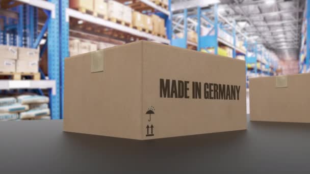 Scatole con testo MADE IN GERMANIA su nastro trasportatore. Articoli americani relativi all'animazione 3D loop — Video Stock