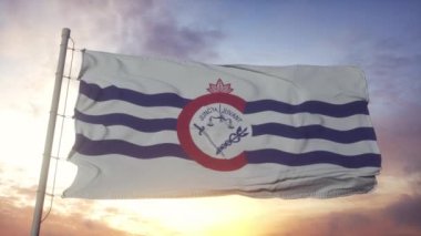 Cincinnati şehri Ohio bayrağı rüzgarda, gökyüzünde ve arka planda dalgalanıyor