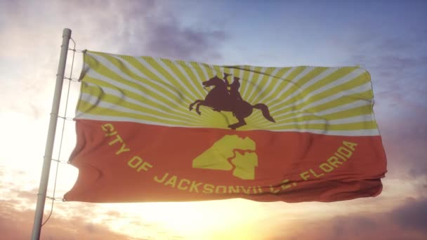 Флаг Джексонвилля, развевающийся на фоне ветра, неба и солнца — стоковое видео
