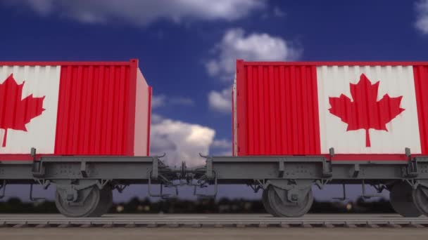 Trein en containers met de vlag van Canada Spoorvervoer. Naadloze lus 4K — Stockvideo