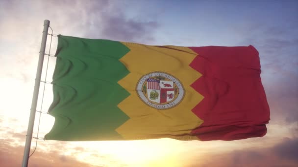 Los Angeles city flag, California, waving in the wind, sky and sun background — Stock Video