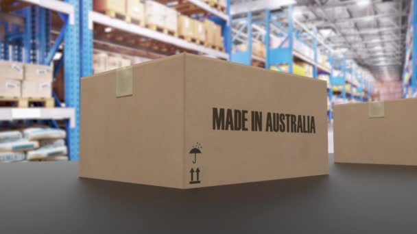 Dozen met MADE IN AUSTRALIA tekst op transportband. Amerikaanse goederen gerelateerde loopable 3D animatie — Stockvideo