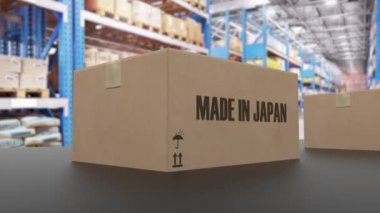 Konveyör üzerine Japonca metin yapılmış kutular. Amerikan malları ile ilgili döngü 3 boyutlu animasyon