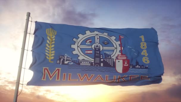 Bandiera di Milwaukee, Wisconsin, sventola nel vento, nel cielo e sullo sfondo del sole — Video Stock