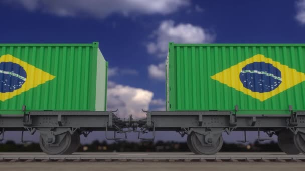 Pociąg i kontenery z flagą Brazylii. Transport kolejowy. Płynna pętla 4K — Wideo stockowe