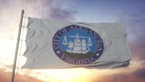 Alexandria flag, Virginia, waving in the wind, sky and sun background — Stock Video