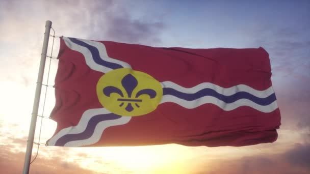 Vlag van Saint Louis, Missouri, wapperend in de wind, lucht en zon achtergrond — Stockvideo