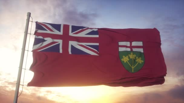 Bandeira de Ontário, Canadá, acenando ao vento, céu e fundo do sol — Vídeo de Stock