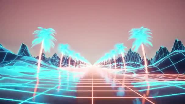 Camera moves along the synthwave wireframe net. Fly through retrowave landscape with palms trees — Stock Video