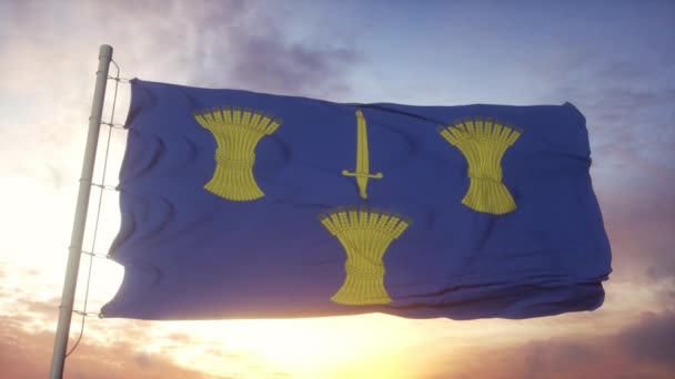 Bandera de Cheshire, Inglaterra, ondeando en el viento, cielo y sol de fondo — Vídeos de Stock