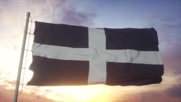 Cornwall flag, England, waving in the wind, sky and sun background — Stock Video