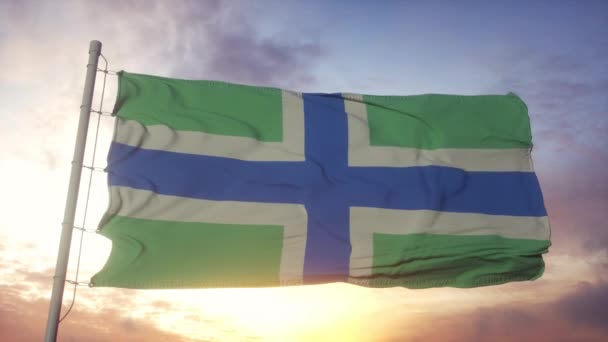 Severn Cross bayrağı, İngiltere, rüzgarda, gökyüzünde ve arka planda dalgalanan — Stok video
