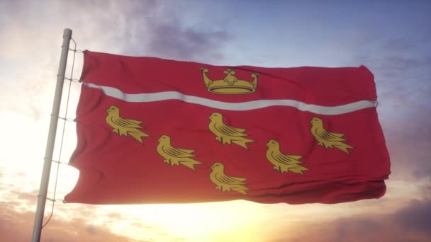 Σημαία του Ανατολικού Σάσεξ, Αγγλία, κυματίζει στον άνεμο, στον ουρανό και στον ήλιο — Αρχείο Βίντεο